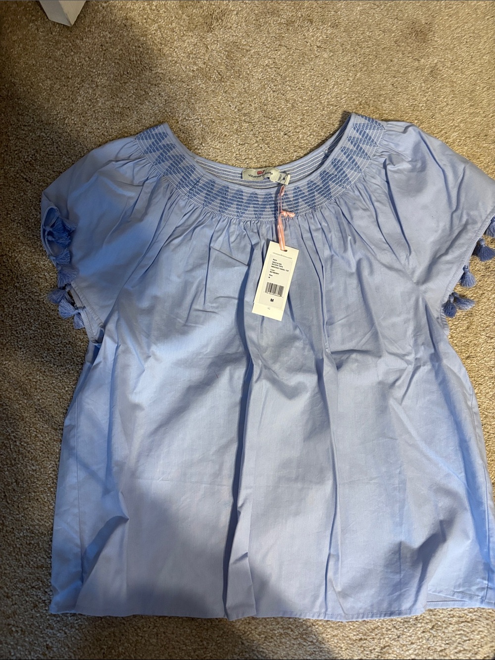 Vineyard Vines Light Blue Smocked Neck Tassel Sleeve Top